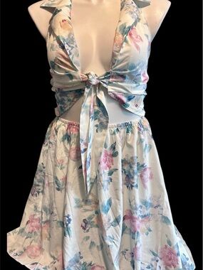 SHEIN Pastel Floral Tie-Front Halter Mini Dress